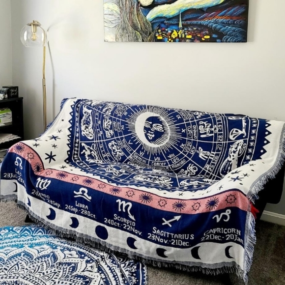Anthropologie Astrology Blue Boho Woven Throw Double Sided Blanket Tapestry - Picture 2 of 7